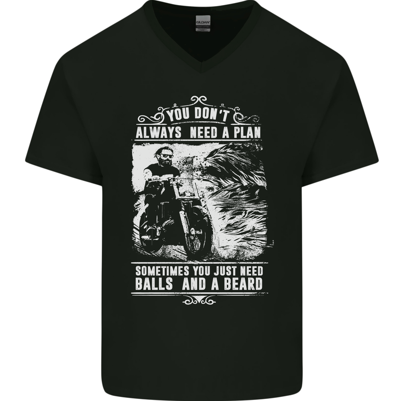 Balls & Beard Biker Motorcycle Motorbike Mens V-Neck Cotton T-Shirt Black