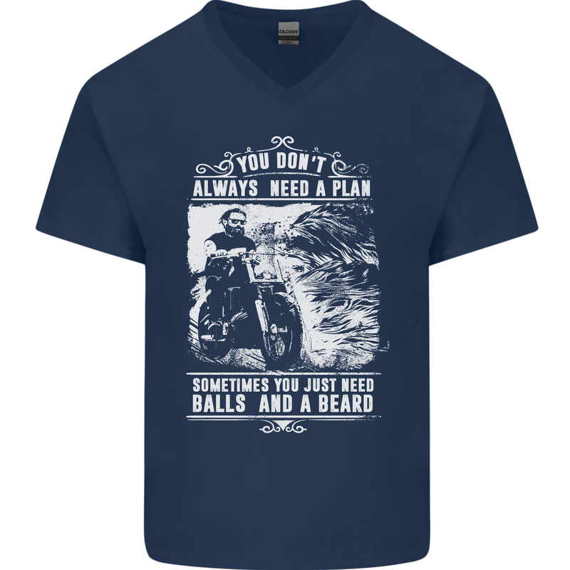 Balls & Beard Biker Motorcycle Motorbike Mens V-Neck Cotton T-Shirt Navy Blue