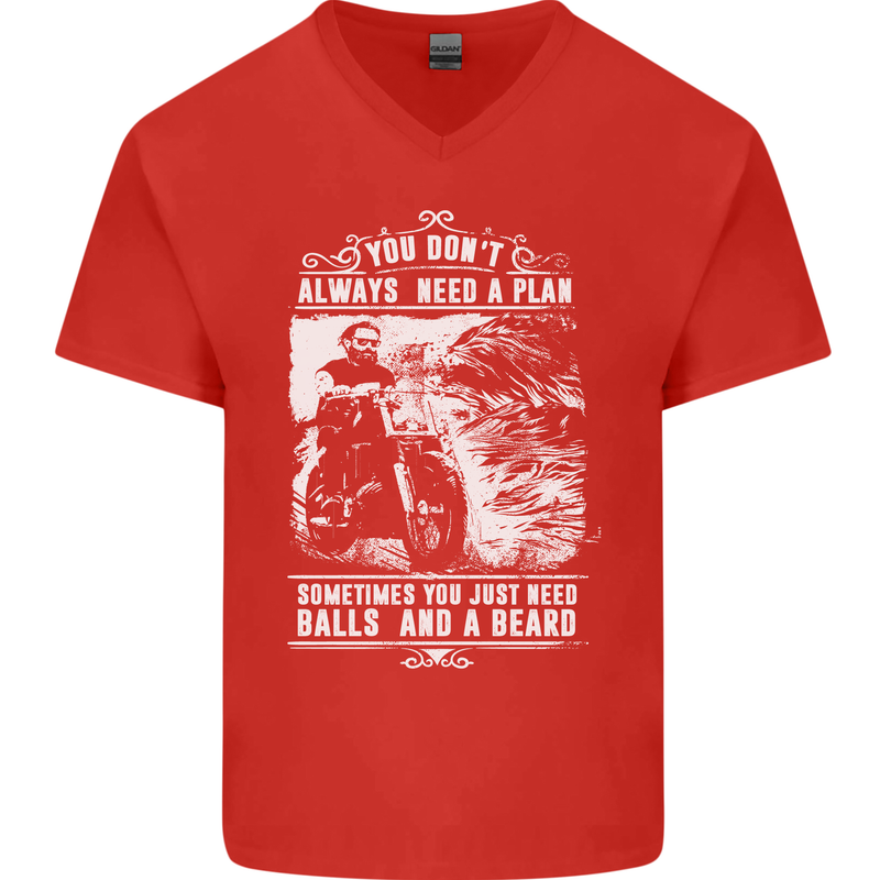 Balls & Beard Biker Motorcycle Motorbike Mens V-Neck Cotton T-Shirt Red