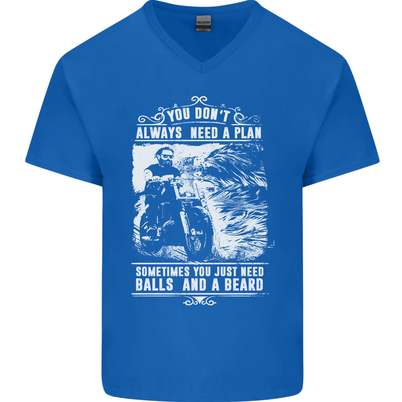 Balls & Beard Biker Motorcycle Motorbike Mens V-Neck Cotton T-Shirt Royal Blue