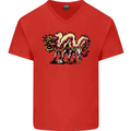 Banksy Style Fake Chinese Dragon Mens V-Neck Cotton T-Shirt Red