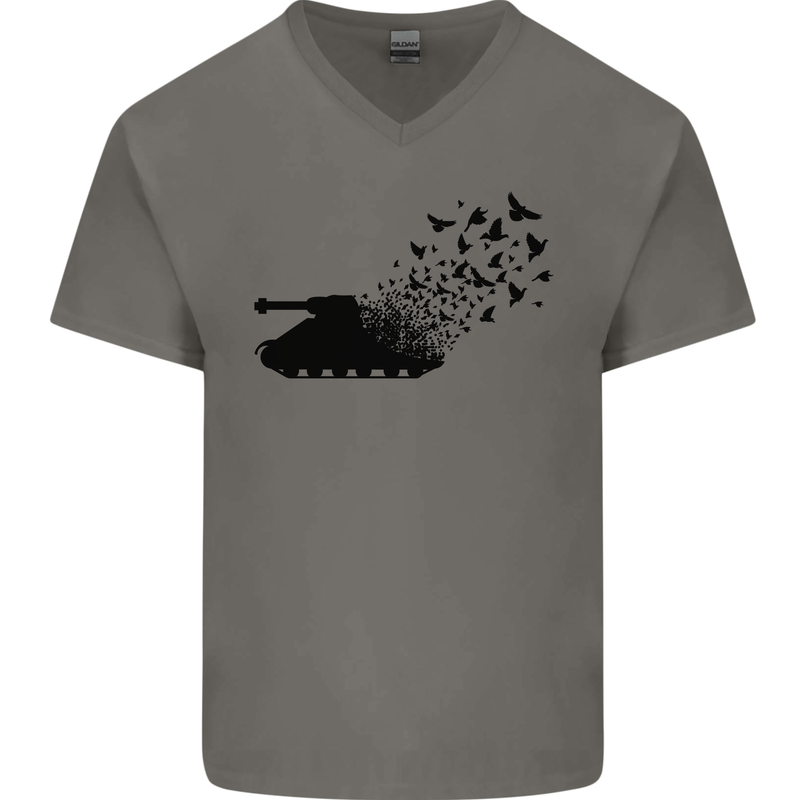 Banksy Style Tank and Doves Peace Mens V-Neck Cotton T-Shirt Charcoal