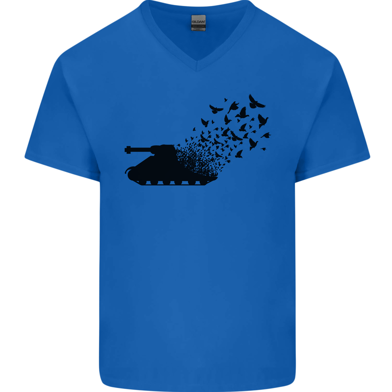 Banksy Style Tank and Doves Peace Mens V-Neck Cotton T-Shirt Royal Blue