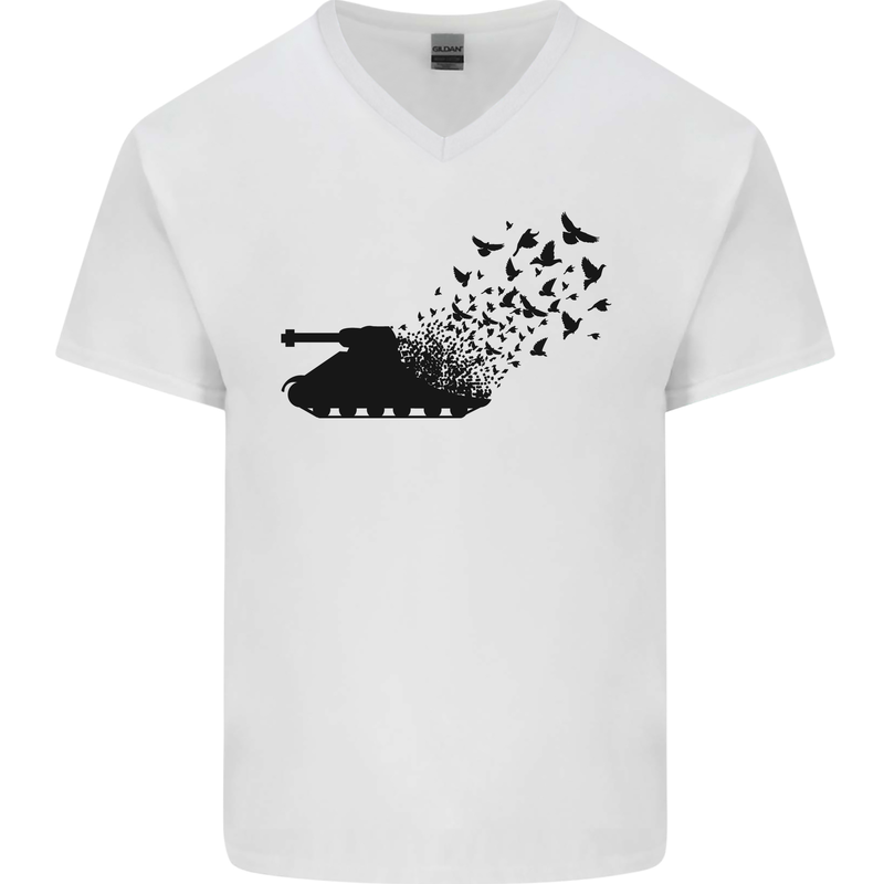 Banksy Style Tank and Doves Peace Mens V-Neck Cotton T-Shirt White