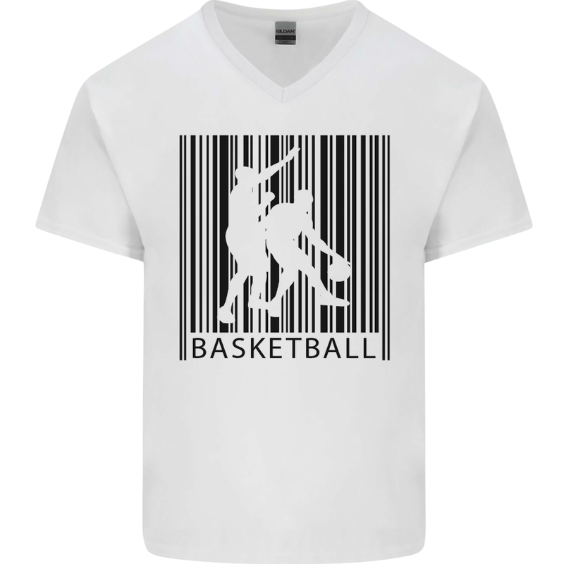 Basketball Barcode Player Mens V-Neck Cotton T-Shirt White
