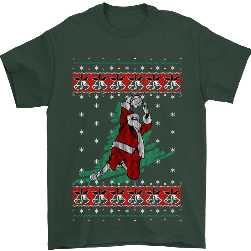 Basketball Santa Player Christmas Funny Mens T-Shirt Cotton Gildan Forest Green