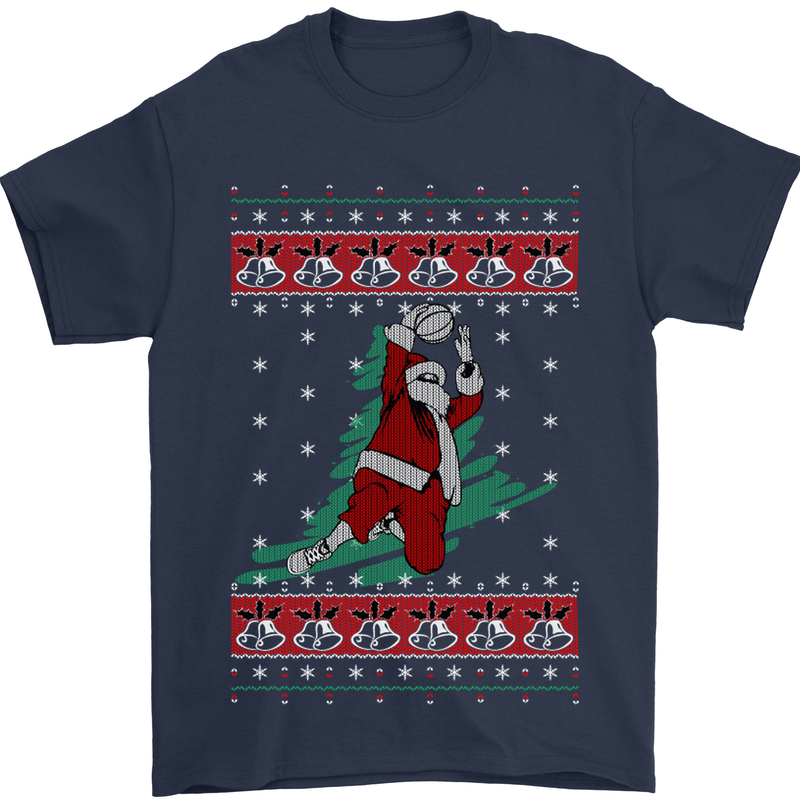 Basketball Santa Player Christmas Funny Mens T-Shirt Cotton Gildan Navy Blue