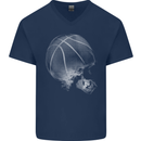 Basketball Skull Mens V-Neck Cotton T-Shirt Navy Blue