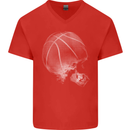 Basketball Skull Mens V-Neck Cotton T-Shirt Red