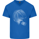 Basketball Skull Mens V-Neck Cotton T-Shirt Royal Blue