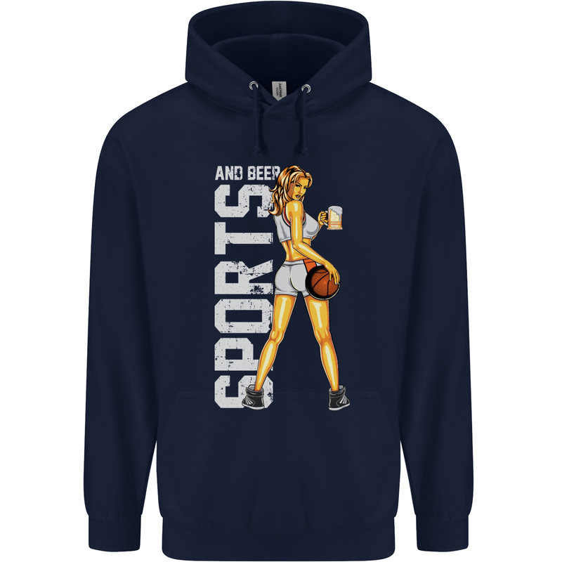 Basketball Sports & Beer Funny Mens 80% Cotton Hoodie Navy Blue