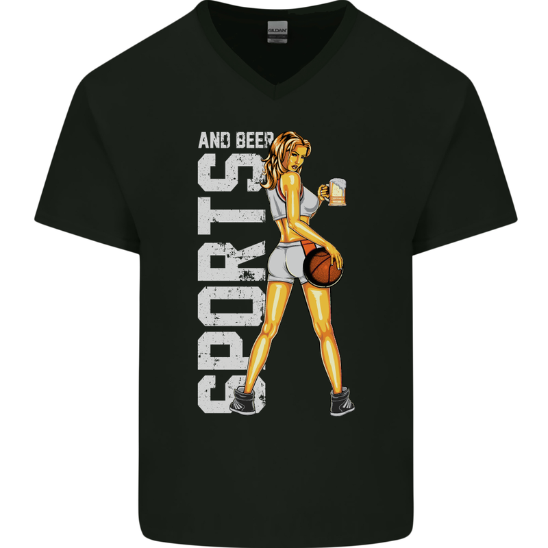 Basketball Sports & Beer Funny Mens V-Neck Cotton T-Shirt Black