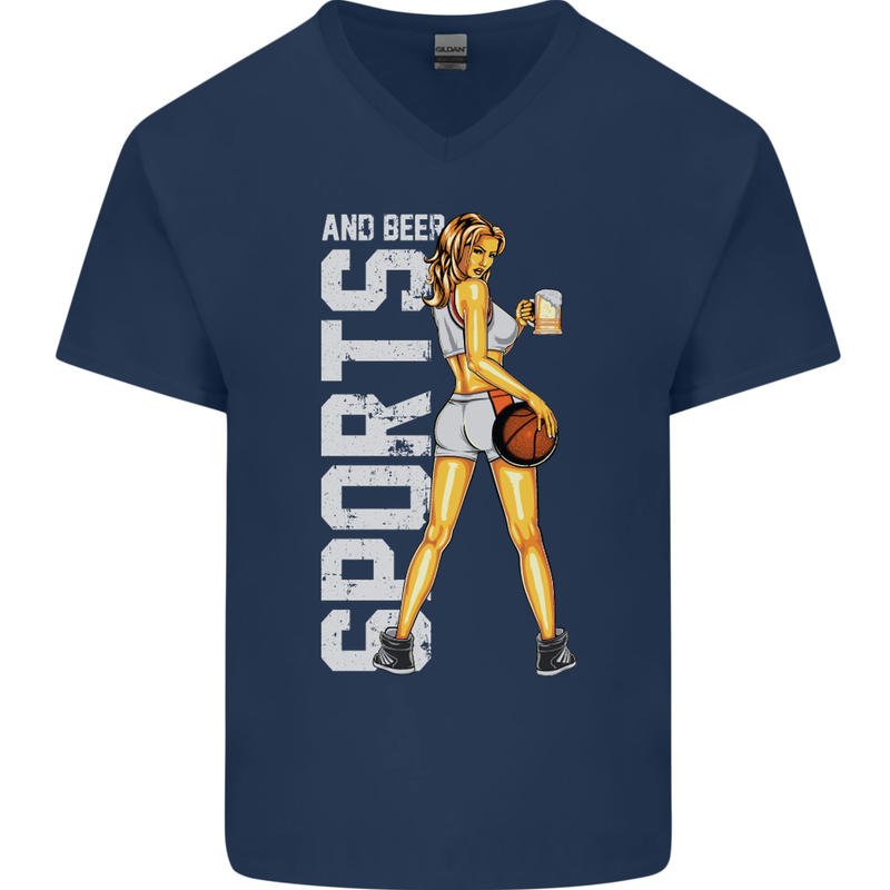 Basketball Sports & Beer Funny Mens V-Neck Cotton T-Shirt Navy Blue