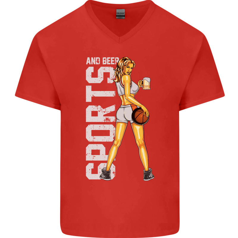 Basketball Sports & Beer Funny Mens V-Neck Cotton T-Shirt Red