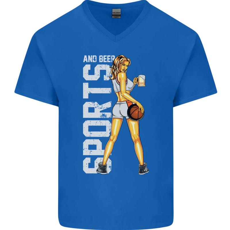 Basketball Sports & Beer Funny Mens V-Neck Cotton T-Shirt Royal Blue