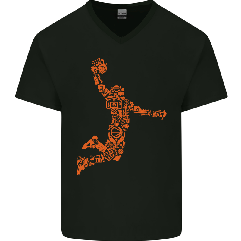 Basketball Word Art Mens V-Neck Cotton T-Shirt Black