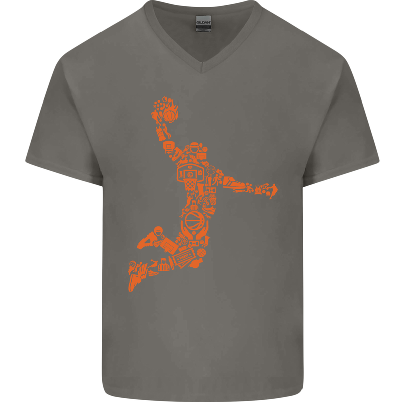 Basketball Word Art Mens V-Neck Cotton T-Shirt Charcoal