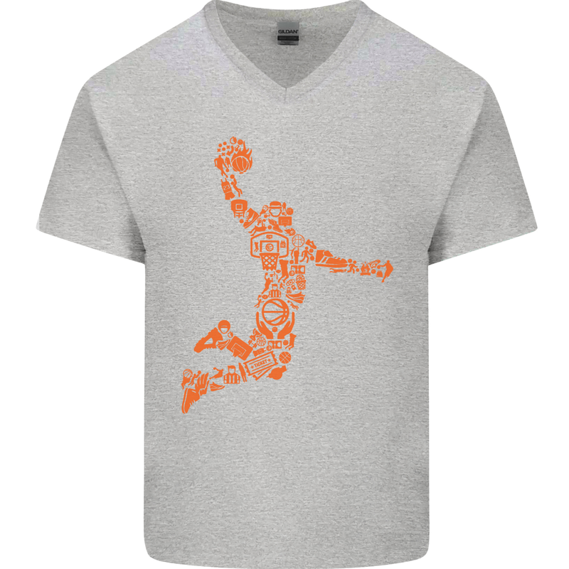 Basketball Word Art Mens V-Neck Cotton T-Shirt Sports Grey