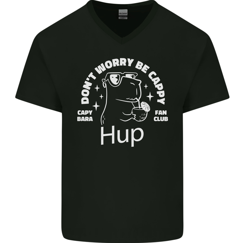 Be Cappy Funny Capybara Mens V-Neck Cotton T-Shirt Black