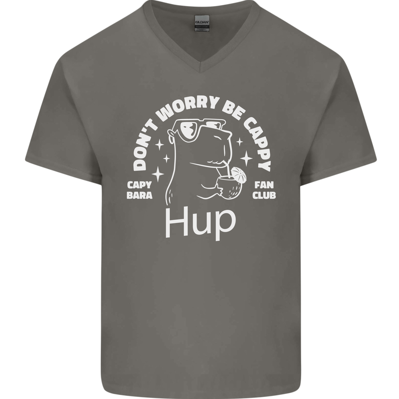 Be Cappy Funny Capybara Mens V-Neck Cotton T-Shirt Charcoal