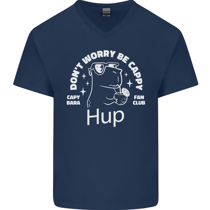 Be Cappy Funny Capybara Mens V-Neck Cotton T-Shirt Navy Blue