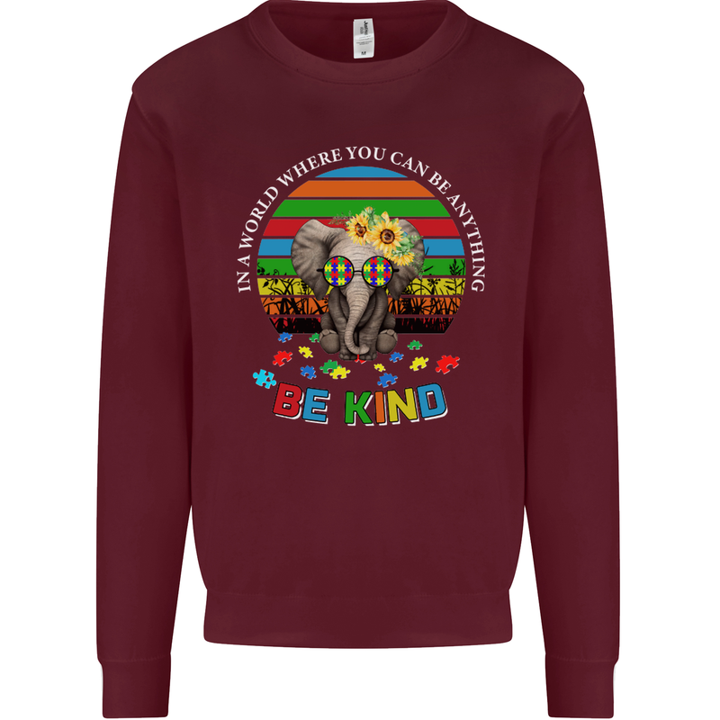Be Kind Elephant Autism Autistic Mens Sweatshirt Jumper Maroon