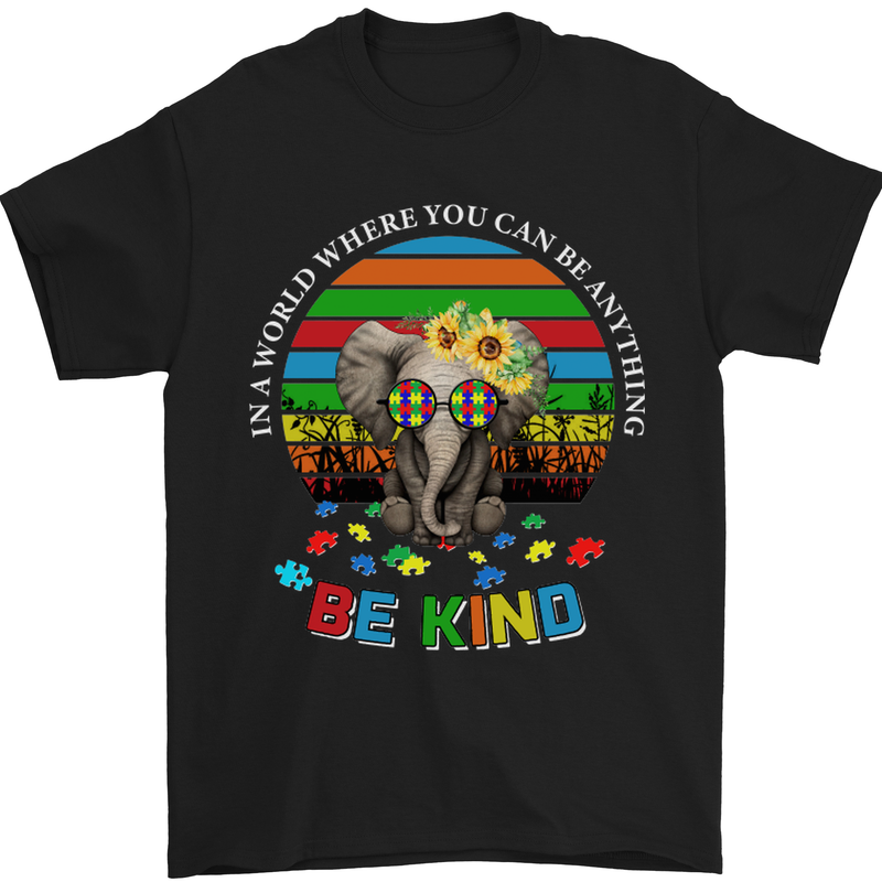 Be Kind Elephant Autism Autistic Mens T-Shirt Cotton Gildan Black