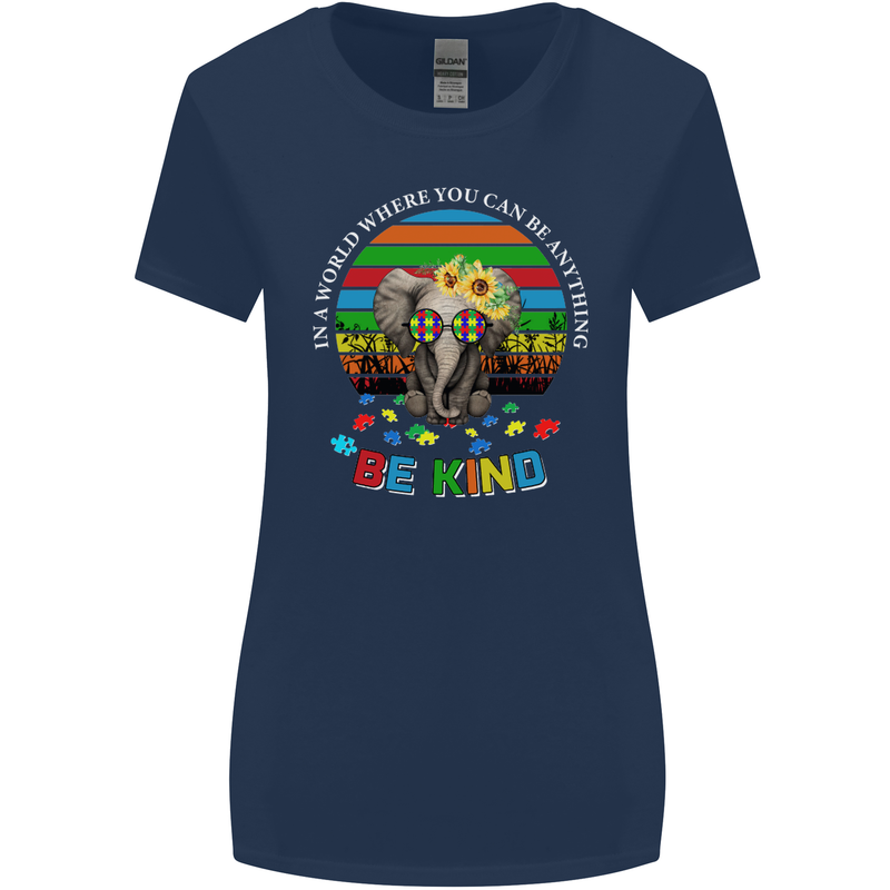 Be Kind Elephant Autism Autistic Womens Wider Cut T-Shirt Navy Blue
