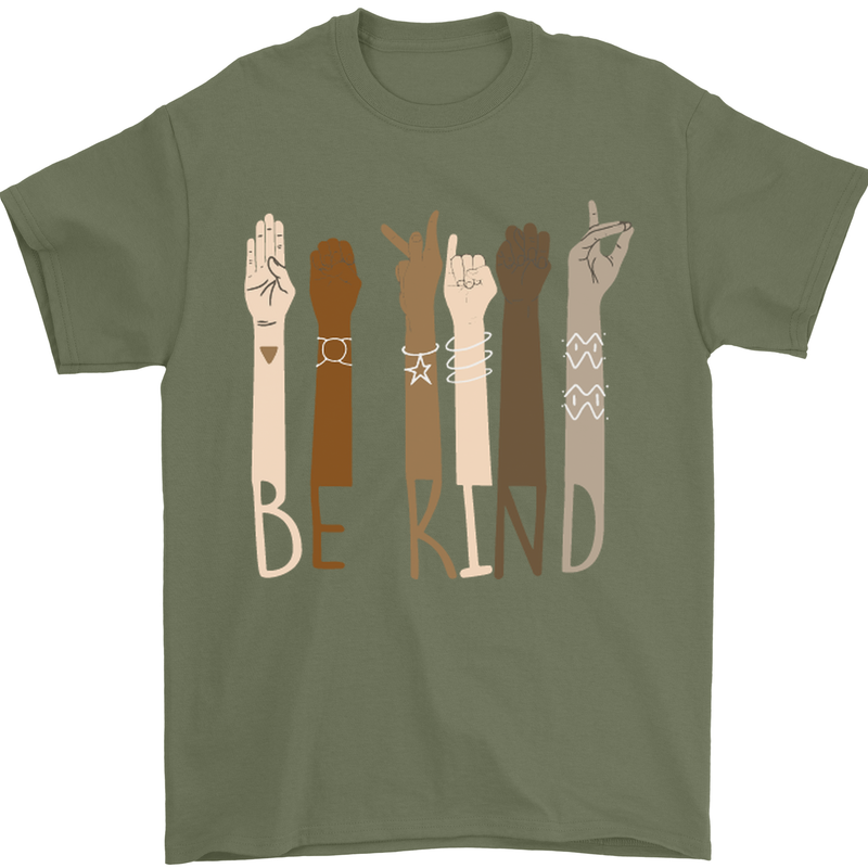 Be Kind in Sign Black Lives Matter LGBT Mens T-Shirt Cotton Gildan Military Green