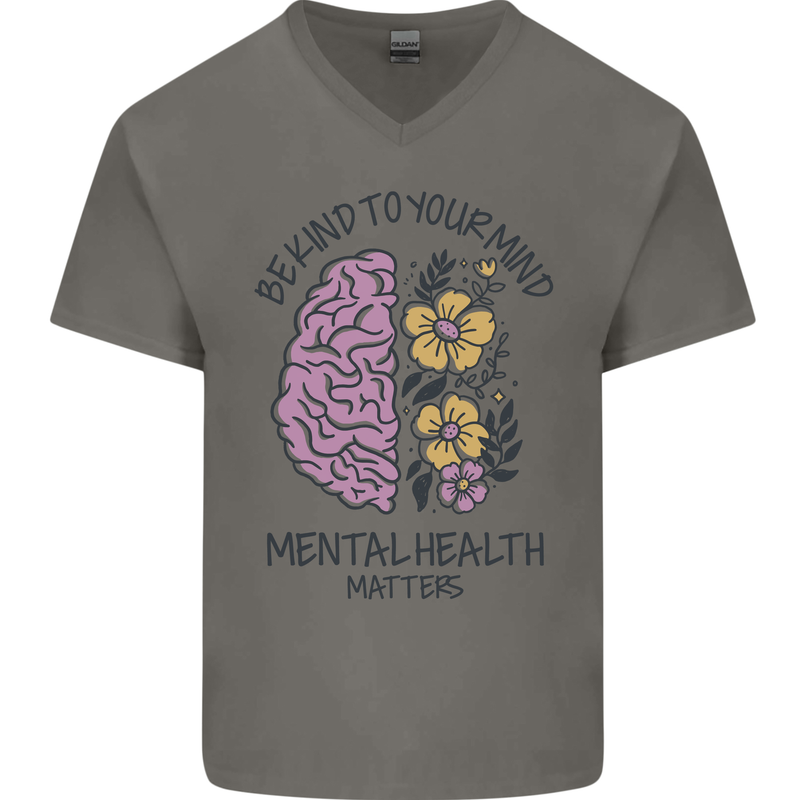 Be Kind to Your Mind Mental Health Mens V-Neck Cotton T-Shirt Charcoal