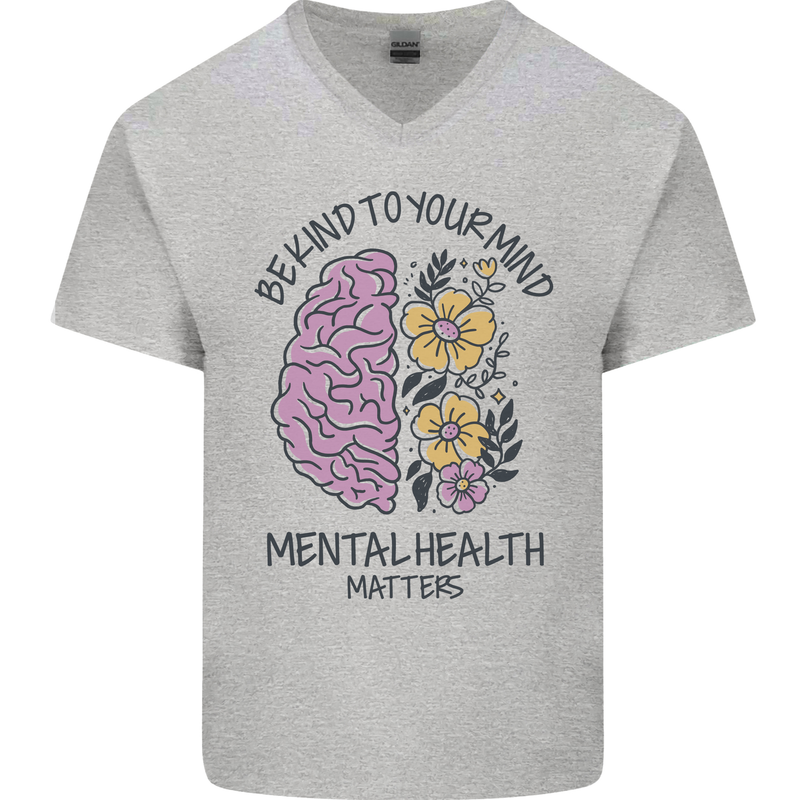 Be Kind to Your Mind Mental Health Mens V-Neck Cotton T-Shirt Sports Grey