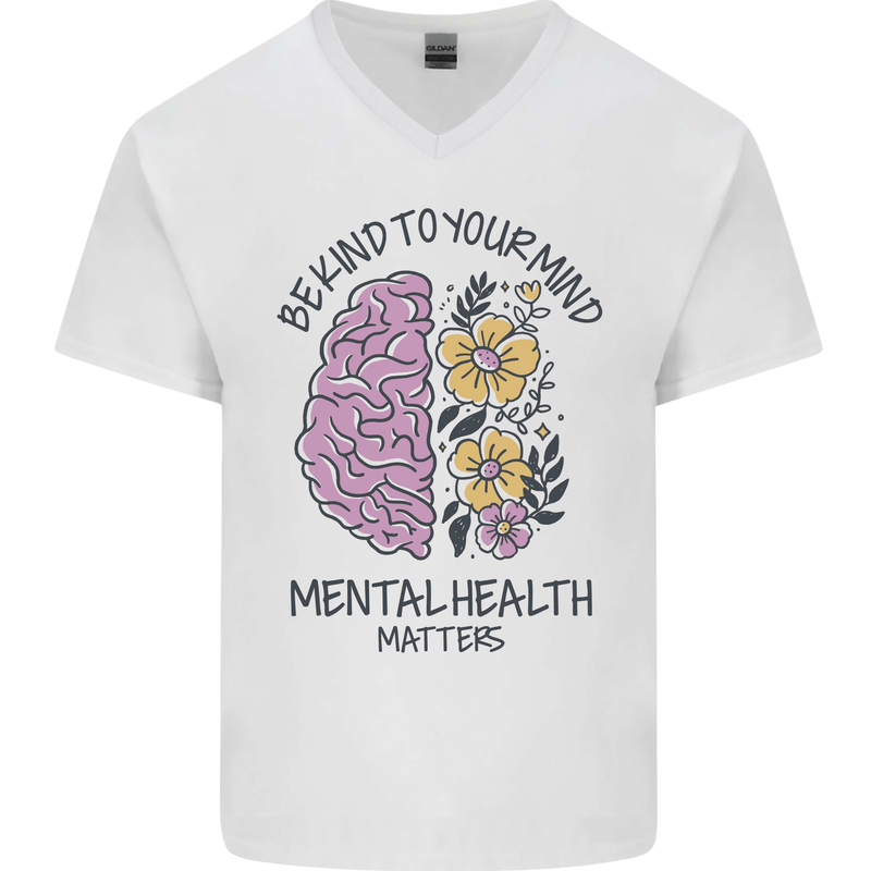 Be Kind to Your Mind Mental Health Mens V-Neck Cotton T-Shirt White