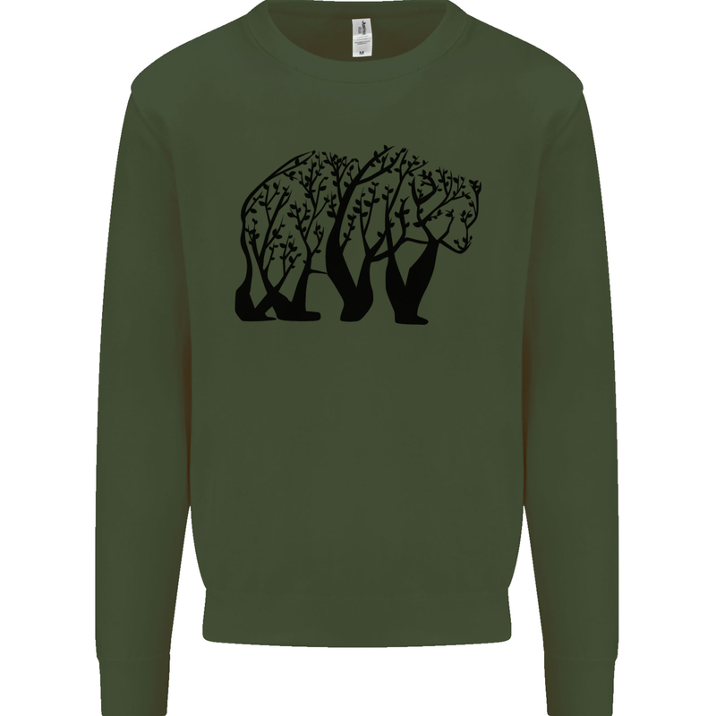 Bear Tree Animal Ecology Kids Sweatshirt Jumper Forest Green