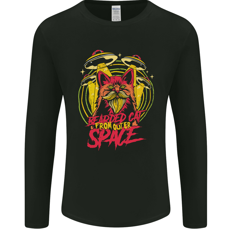 Bearded Cat From Space Outer Aliens UFO Mens Long Sleeve T-Shirt Black
