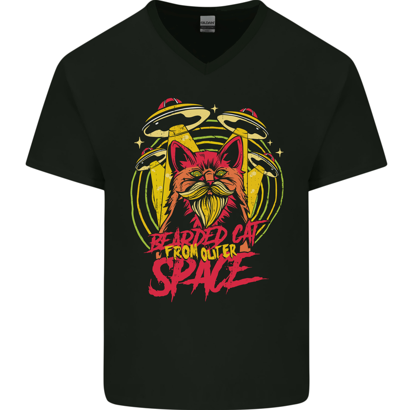Bearded Cat From Space Outer Aliens UFO Mens V-Neck Cotton T-Shirt Black