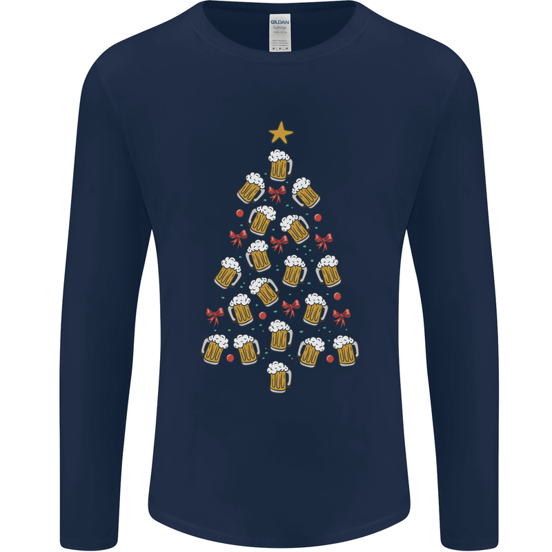 Beer Christmas Tree Mens Long Sleeve T-Shirt Navy Blue