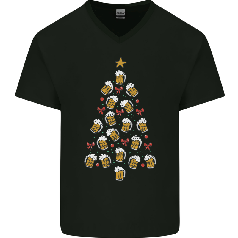 Beer Christmas Tree Mens V-Neck Cotton T-Shirt Black