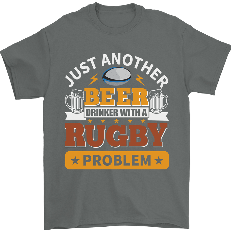 Beer Drinker With Rugby Problem Mens T-Shirt Cotton Gildan Charcoal