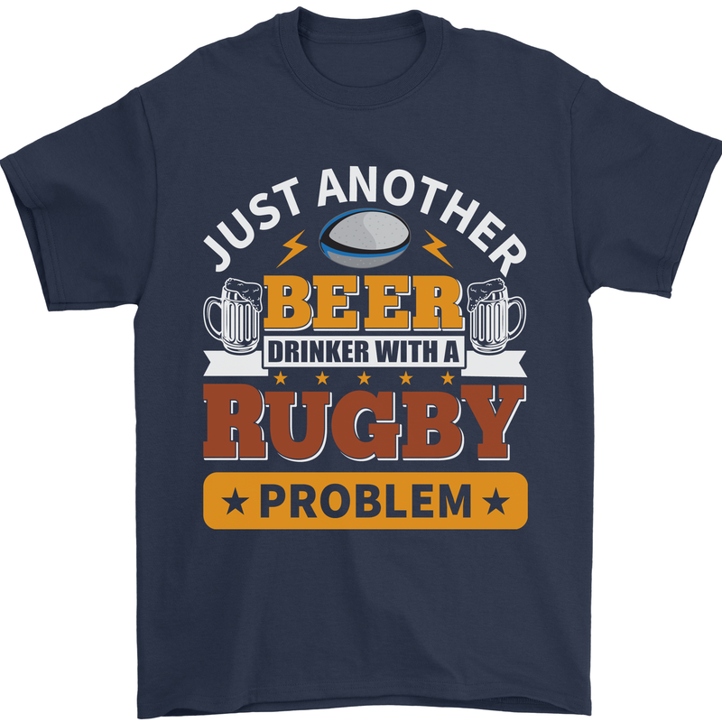 Beer Drinker With Rugby Problem Mens T-Shirt Cotton Gildan Navy Blue