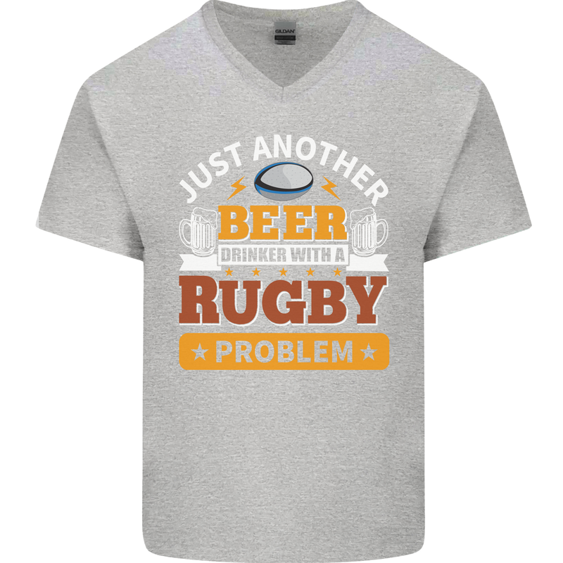 Beer Drinker With Rugby Problem Mens V-Neck Cotton T-Shirt Sports Grey