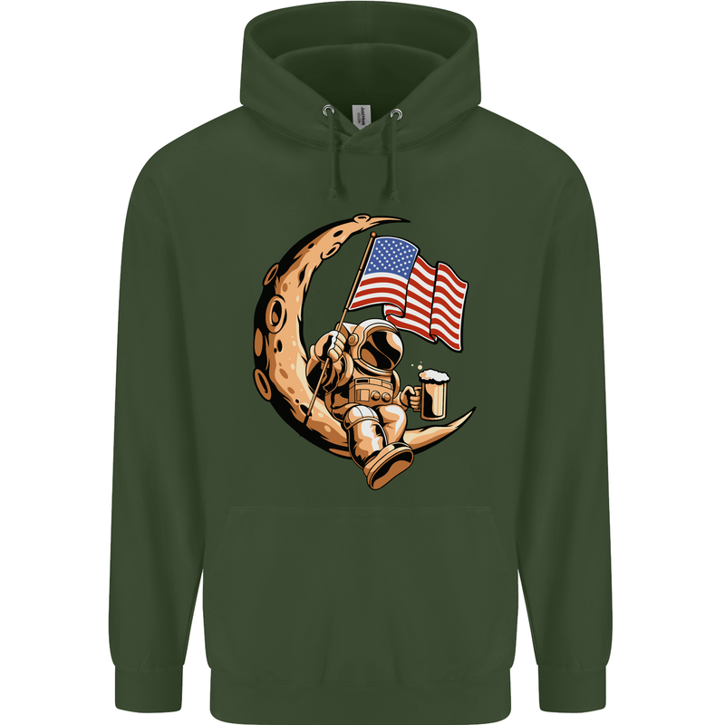 Beer Moon USA Flag Astronaut Space Alcohol Childrens Kids Hoodie Forest Green