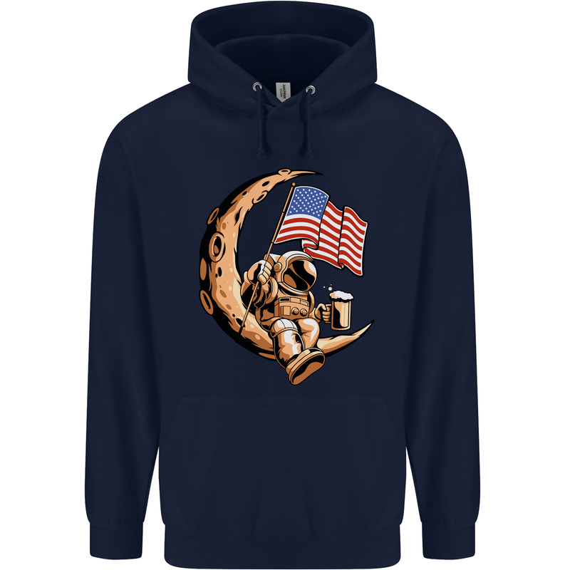 Beer Moon USA Flag Astronaut Space Alcohol Childrens Kids Hoodie Navy Blue