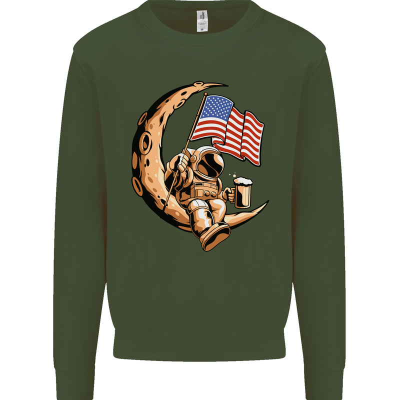 Beer Moon USA Flag Astronaut Space Alcohol Kids Sweatshirt Jumper Forest Green