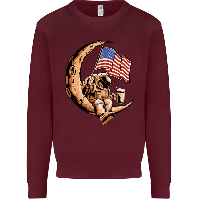 Beer Moon USA Flag Astronaut Space Alcohol Kids Sweatshirt Jumper Maroon