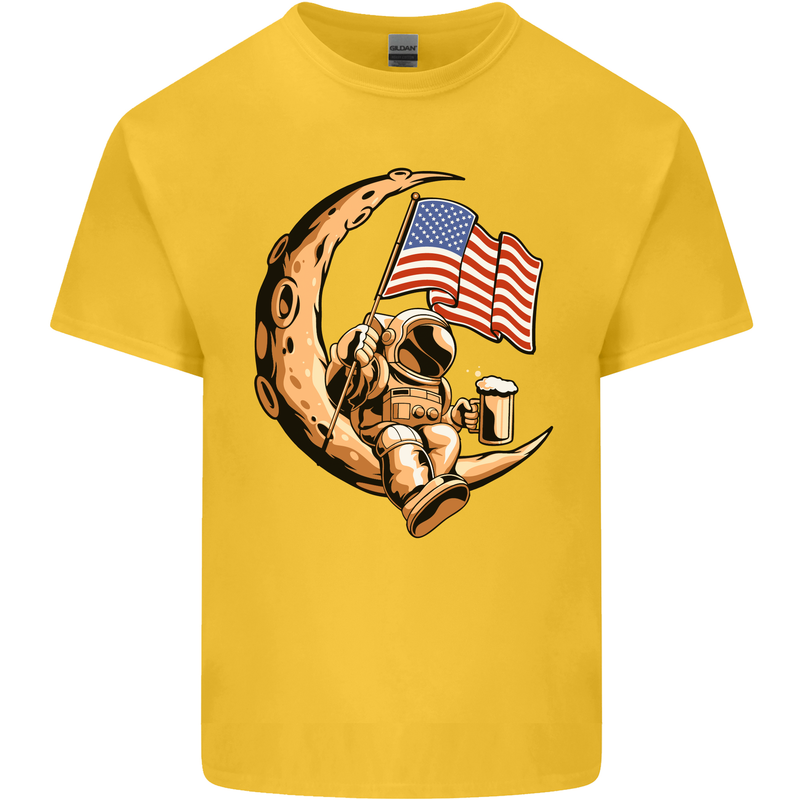 Beer Moon USA Flag Astronaut Space Alcohol Kids T-Shirt Childrens Yellow