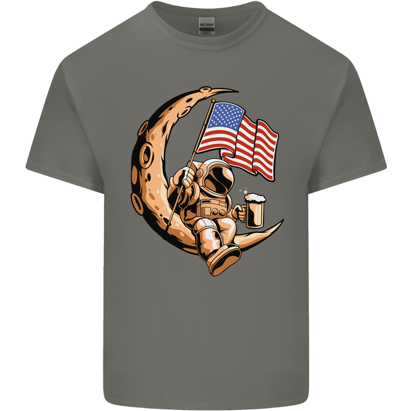 Beer Moon USA Flag Astronaut Space Alcohol Mens Cotton T-Shirt Tee Top Charcoal