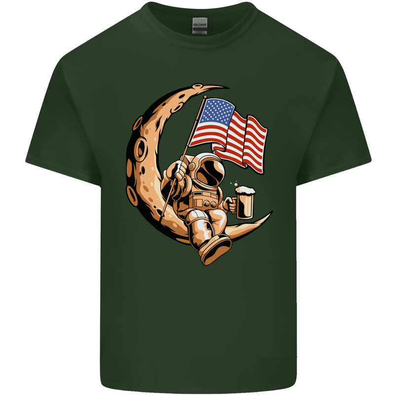 Beer Moon USA Flag Astronaut Space Alcohol Mens Cotton T-Shirt Tee Top Forest Green