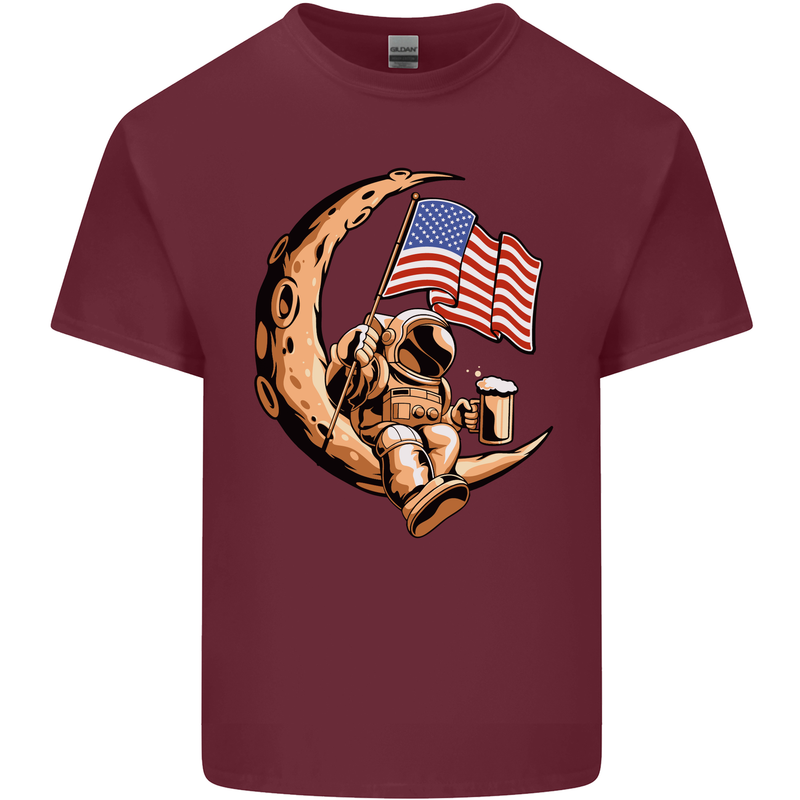 Beer Moon USA Flag Astronaut Space Alcohol Mens Cotton T-Shirt Tee Top Maroon