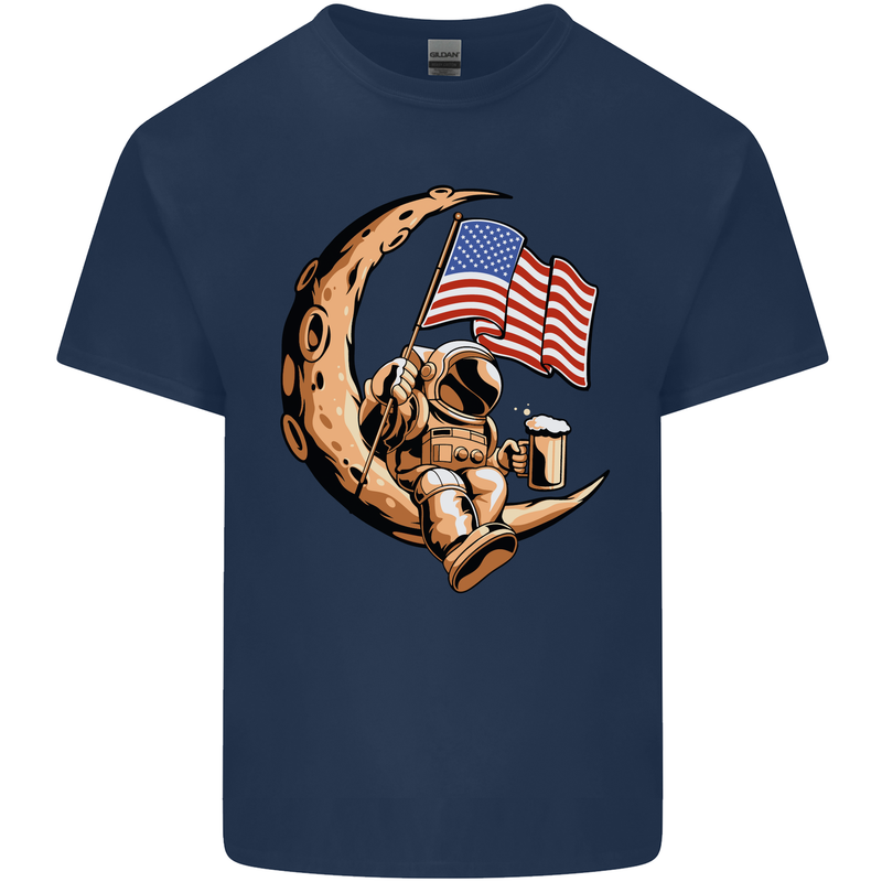 Beer Moon USA Flag Astronaut Space Alcohol Mens Cotton T-Shirt Tee Top Navy Blue