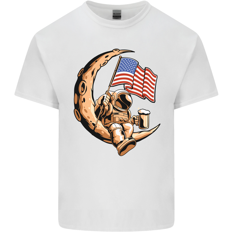 Beer Moon USA Flag Astronaut Space Alcohol Mens Cotton T-Shirt Tee Top White